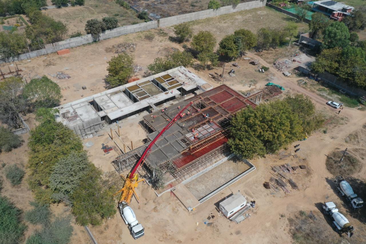 Aerial view of concrete placement during construction